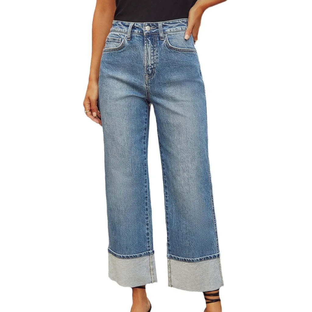 Straight Leg Jeans Retro Rolled Edge High Waisted Elastic Pants