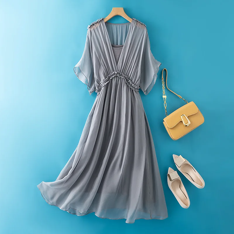 

Женское элегантное платье из 100% натурального шелка, с V-образным вырезом, коротким рукавом, однотонное, для пляжного отдыха, летняя новинка 2025 года