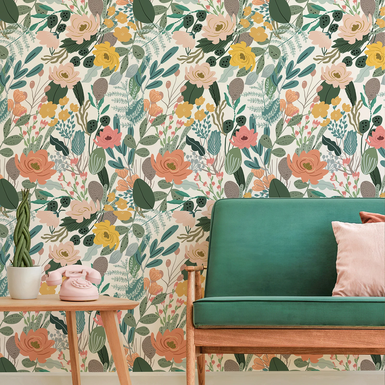 Folhas Verdes Rosa Floral PVC Papel de Parede, Casca e Vara, Impermeável, Decoração de Casa, Móveis Auto-Adesivos