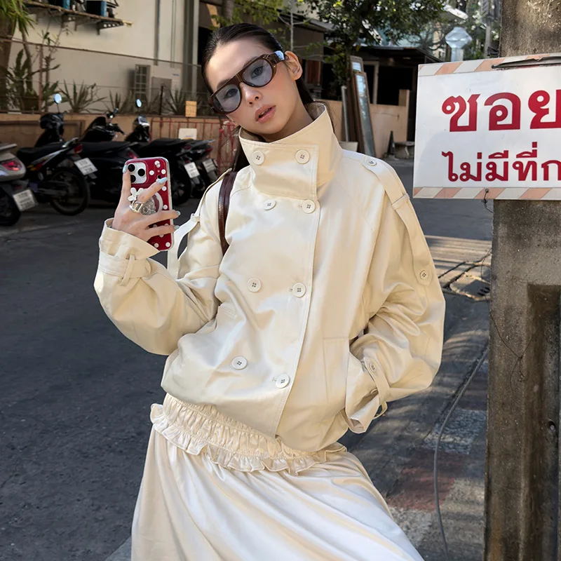 

KIDCRKJ New Elegant Women Spring Jacket Stand Collar Chic Ruffled Double Breasted Lady Trench Coat Best Selling Female Outwear