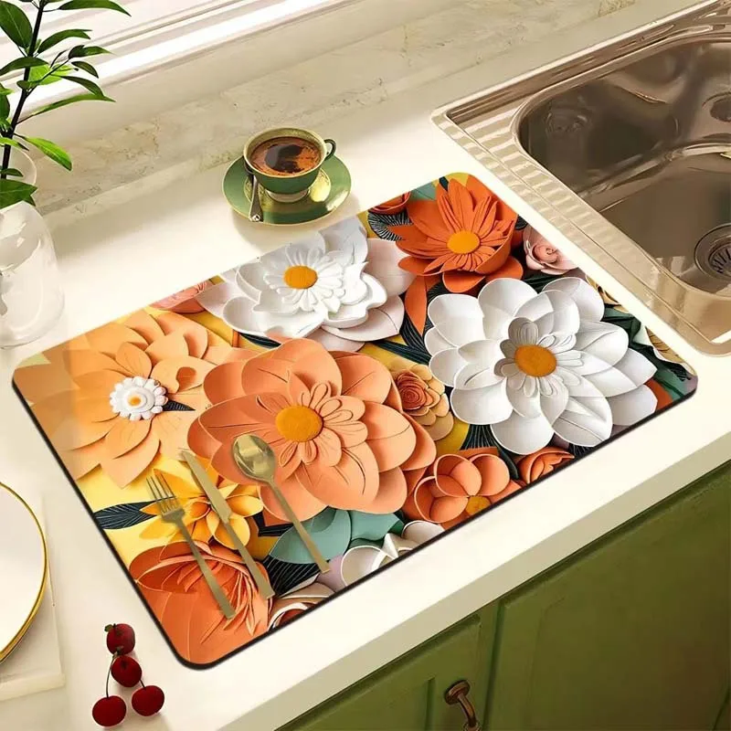 

Floral Kitchen Mat Countertop Coffee Maker Absorbent Mat Kitchen Counter Dish Drying Mat Dish Drainer Rack Mat