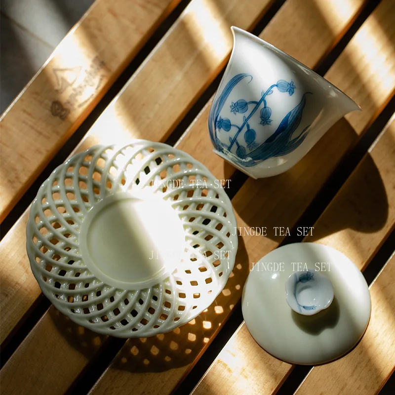 Jingdezhen Ceramic Bowl Cover Round Tea Bowl Chinese Bell Orchid Tea Maker Underglaze Colour White Gaiwan
