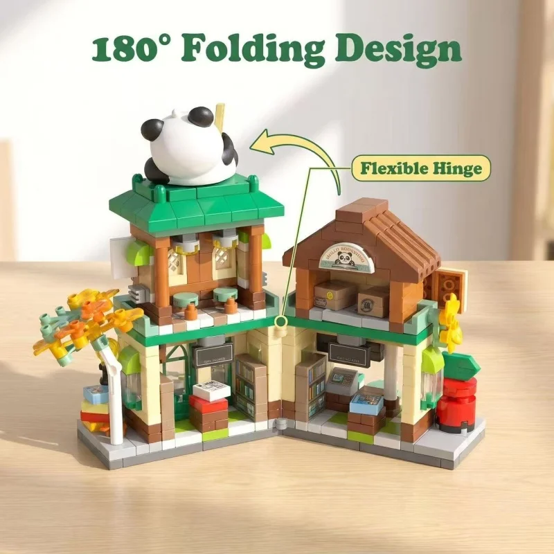 Micro-Particle Building Block Assembly Set Featuring Street View of Hot Spring Store, Bookstore, Bakery and Flower Shop Architec