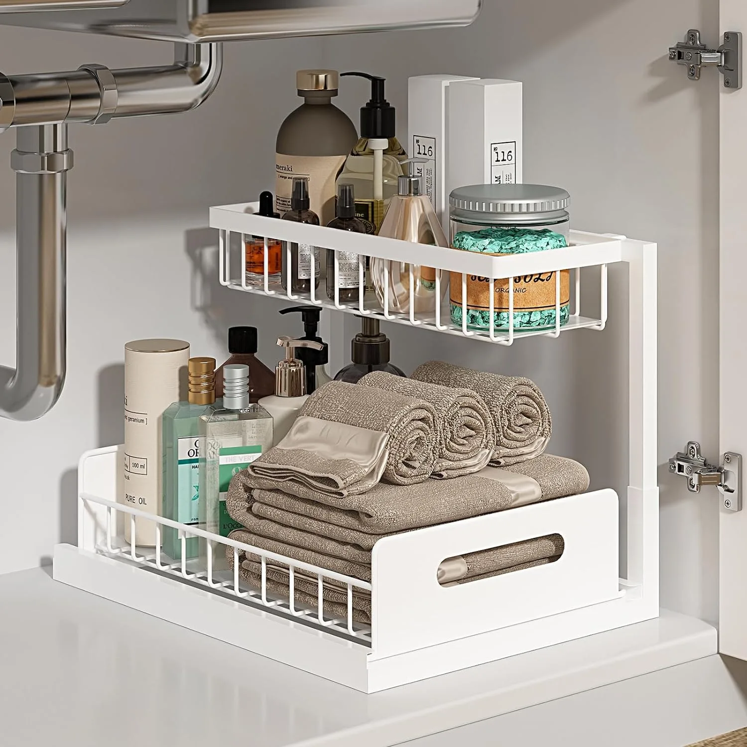 Under Sink Organizers and Storage with Sliding Drawer 2 Tier Multi-purpose Bathroom Shelf Organizer for Kitchen Bathroom Storage