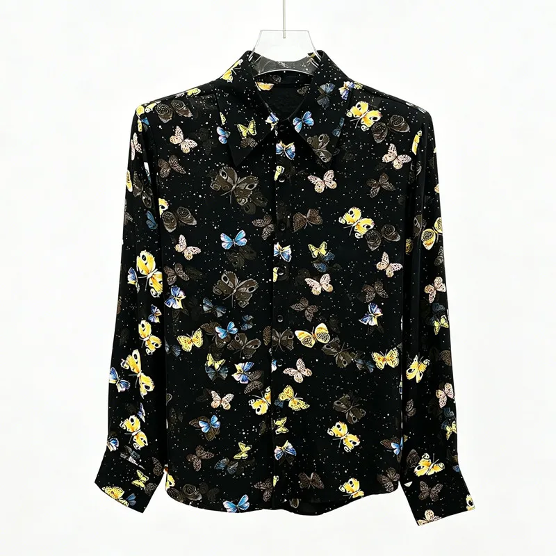 Men's Printed Shirt Butterfly Pattern Long Sleeve Lightweight Casual Shirts for Nightclub Party Singer Stage Performance Costume
