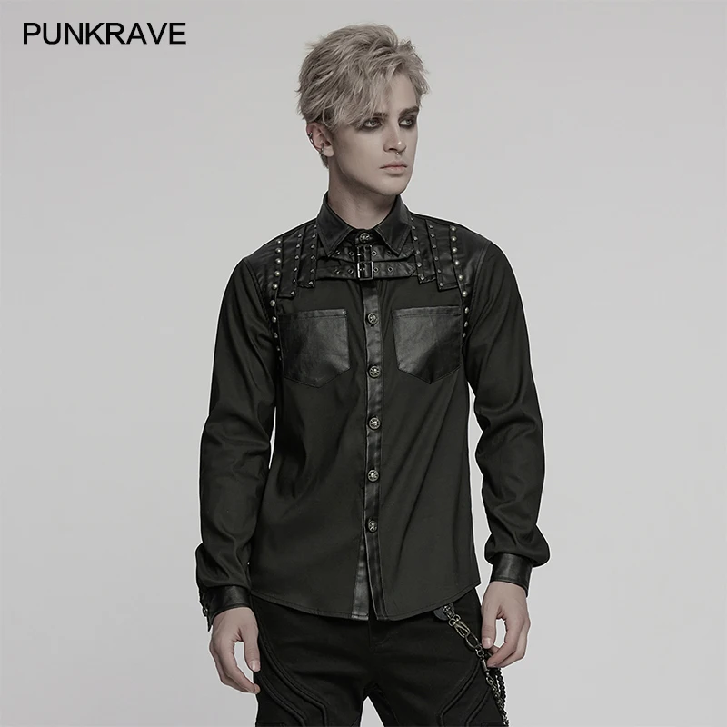 PUNK RAVE Men's Punk Patchwork Design Shoulders with Rivets Handsome Treet Shirt Personalized Fashion Tops Spring Autumn