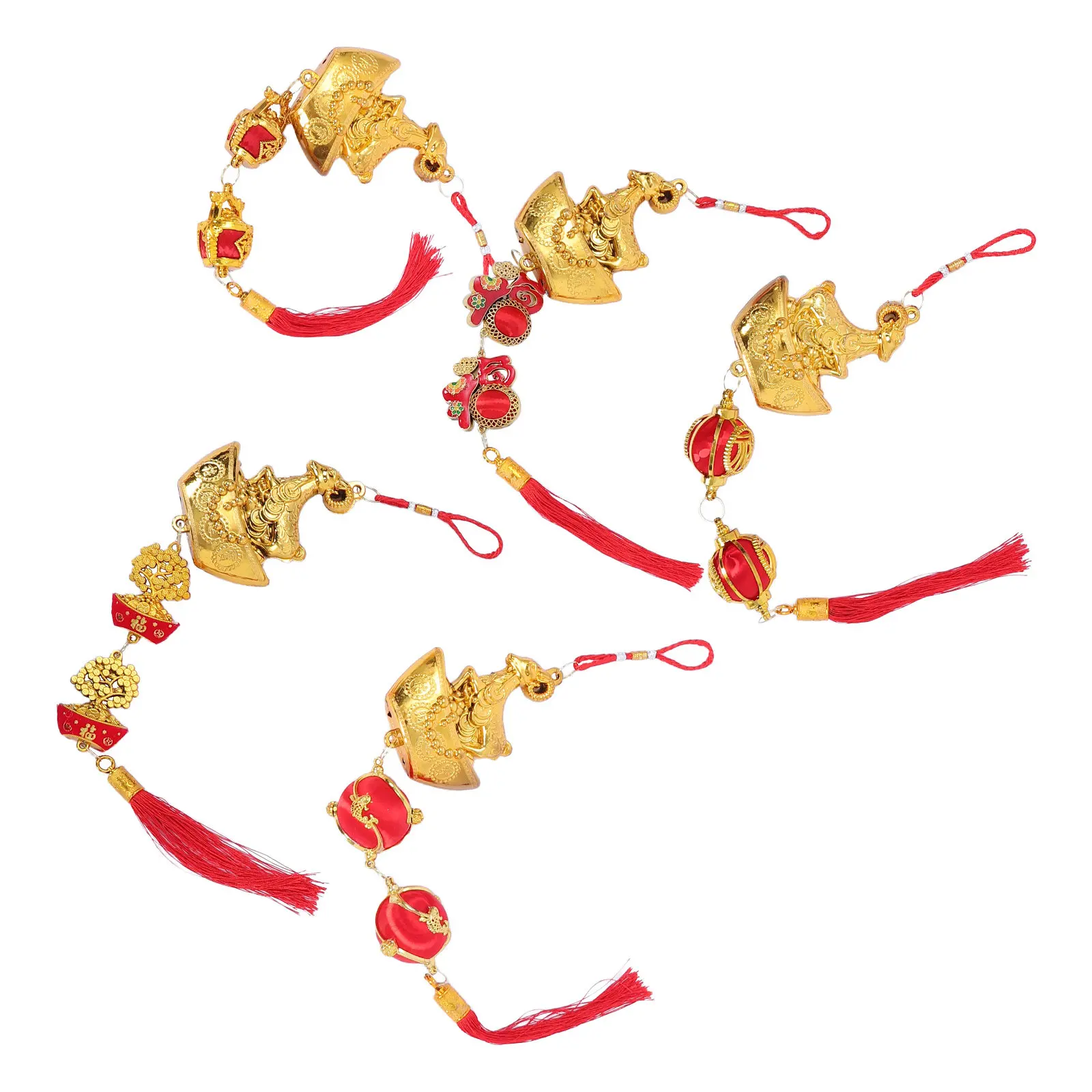 5Pcs Goat Zodiac Hanging Ornament 2027 Shiny Gold Plated Red Tassel Auspicious Feng Shui Pendant for Home Office Bonsai Door