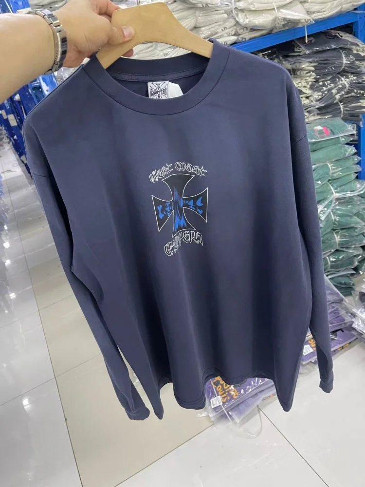 

Mens Royal Blue Cotton Long Sleeve T-Shirt Weat Coast Choppers 25SS Breathable Streetwear Loose Fit