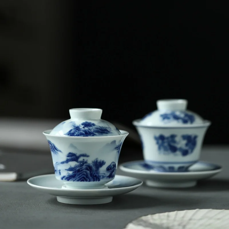 

Heavy Industry Blue and Whitelandscape Tureen Delicate Craft Non-Scald Tea Making Large Three-Talent Tea Cup Jingdezhen Blue and