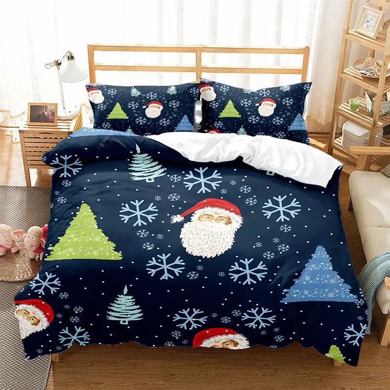 Printed Duvet Covet Set For Merry Christmas 3D Christmas Tree,Snowflakes,Santa Claus Double Bed Comforter Cover + Pillowcases