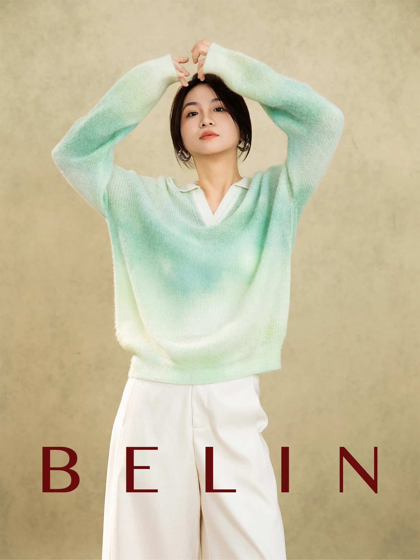 Belin Gradient Color Loose Women's Knitted Sweater Green Field Bead Winter Top Quality Wool Long Sleeve Crew Neck Sweater