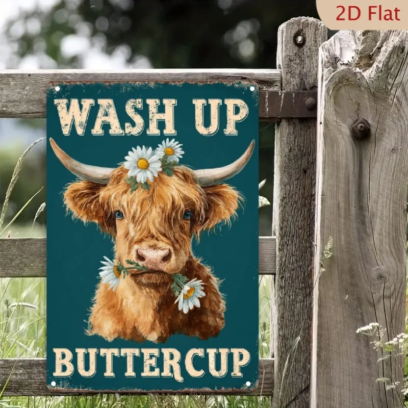 Wash Up Buttercup Cow | English | Vintage Rustic | Iron | Metal Tin Sign | Farm Bathroom Wall Decor