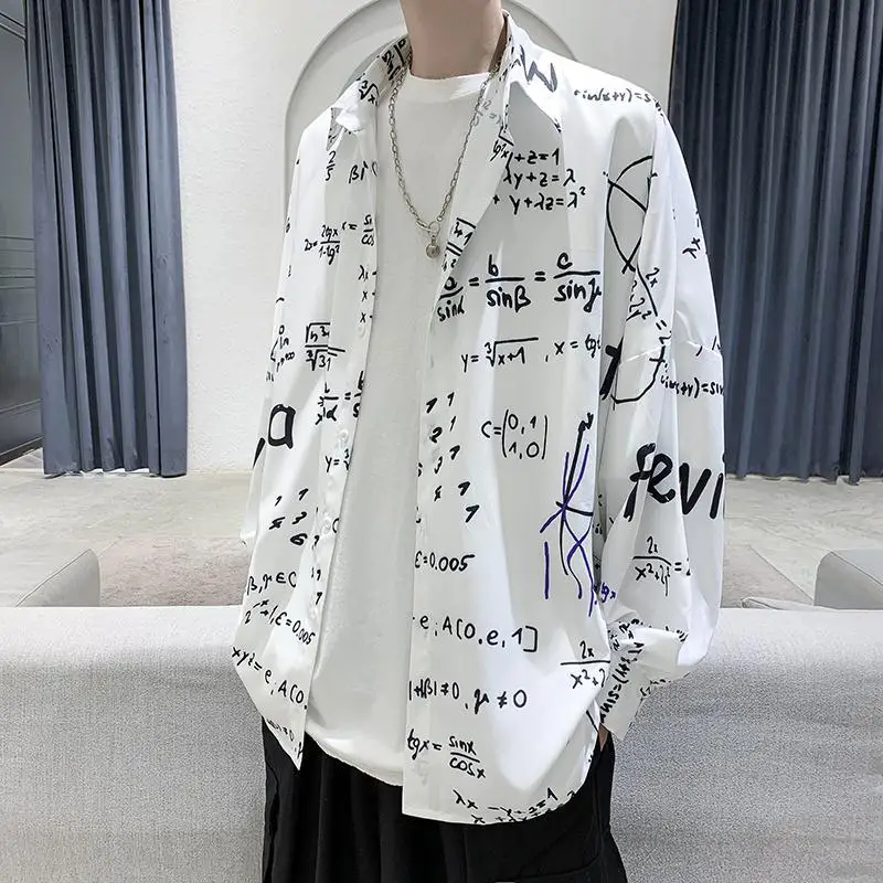 Streetwear Street Casual Man Korean Loose Tops Turn-down Collar Handsome Printing Button  Shirts Long Sleeve Men\'s Clothing 2023