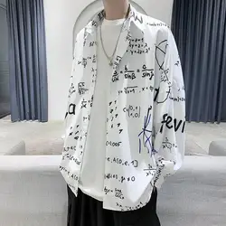 Streetwear Street Casual Man Korean Loose Tops Turn-down Collar Handsome Printing Button  Shirts Long Sleeve Men's Clothing 2023