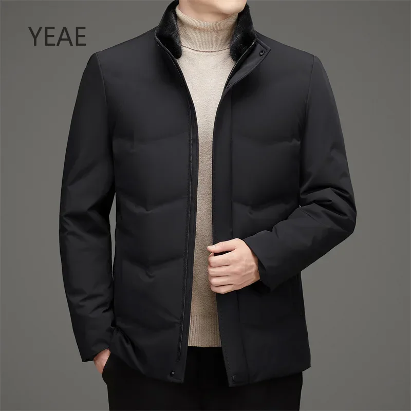 YEAE-Casaco curto acolchoado leve para homens, Gola Goose Down Liner e Mink, Roupas de grife removíveis, Casaco de inverno