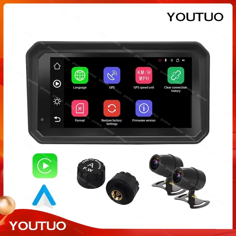 Quick Release 6 Inch Motorcycle Carplay Screen Magnetic Mount Dual Cameras Navigation Dashcam DVR TPMS Android Auto