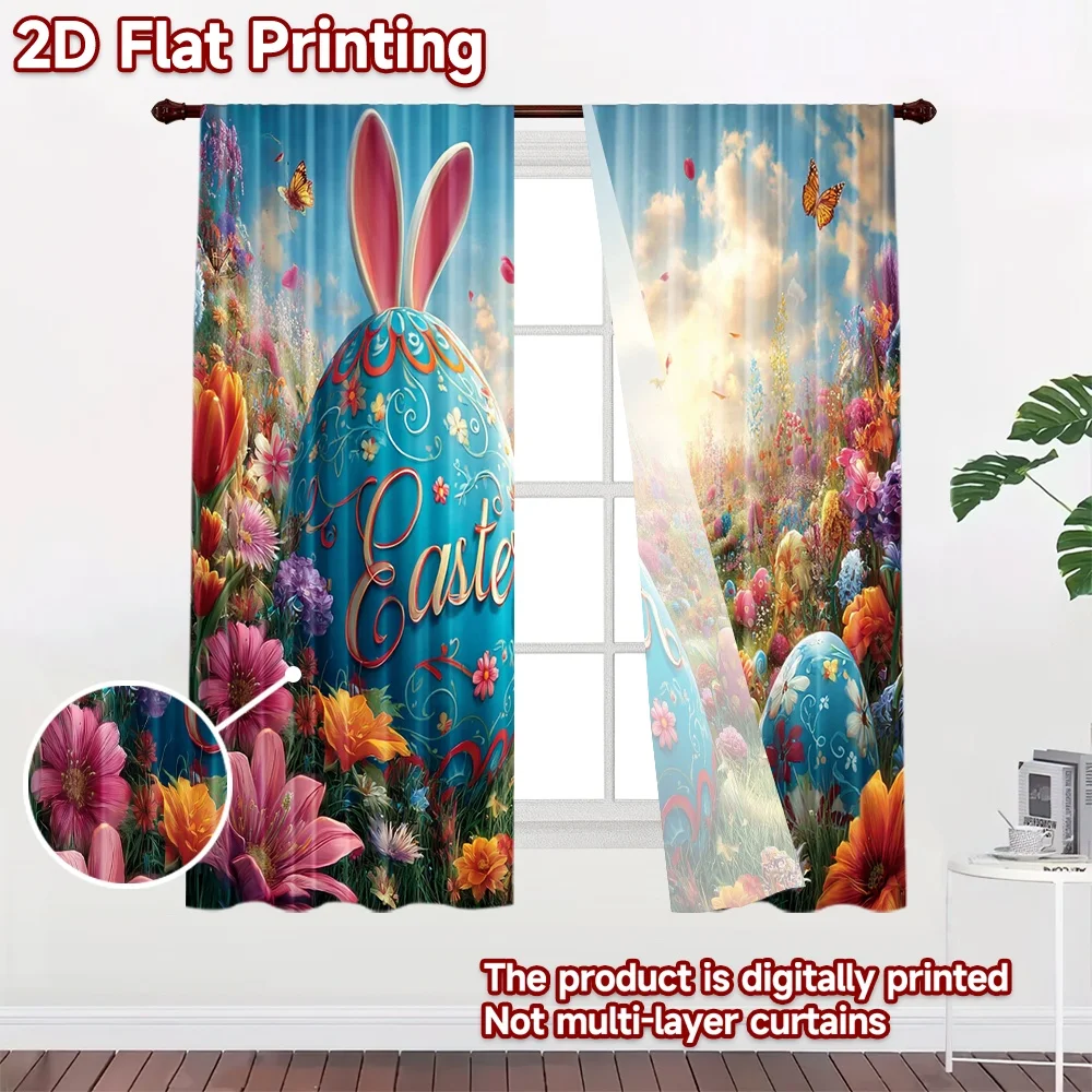 2D flat printing 2pcs Curtain Easter Bunny Flower Meadow Digital Printed Polyester Drapes Festive Holiday for Drapes for Bedroom
