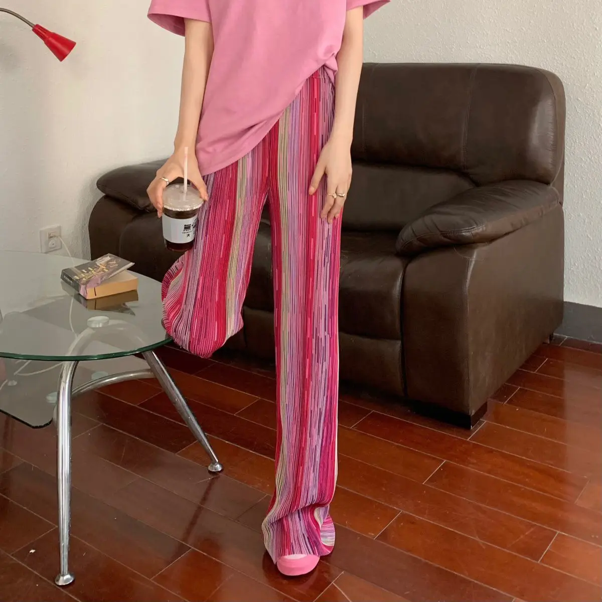 Pink themed niche wide leg pants for women in summer 2025, new high waisted striped casual outerwear straight leg pants