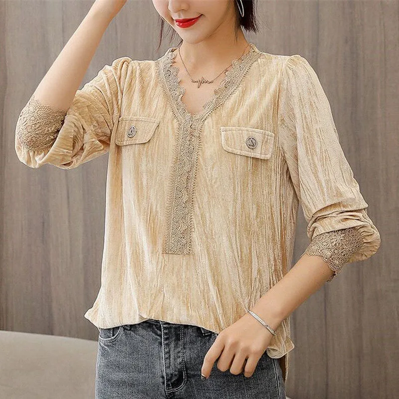 Multiple Colors Lace Spliced Puff Sleeve Blouse False Pocket Design V-Neck Golden Velvet Thin Metal Ornament Decoration Ladies