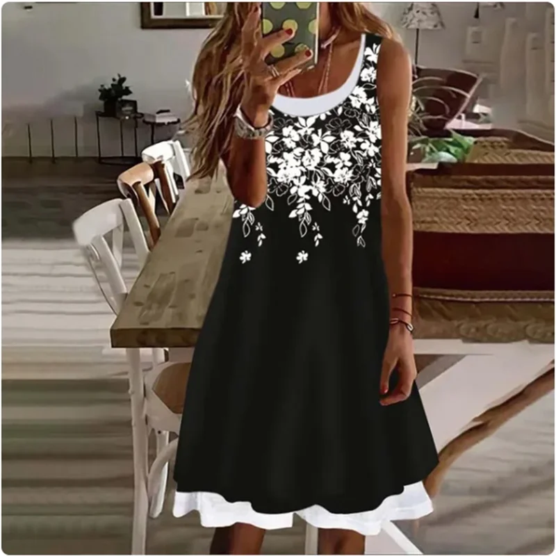 2024 Summer New Women's Flower Print Dress Sleeveless U-Neck Knee Length Casual Dress Fashion Simple Fake Two Piece Dresses