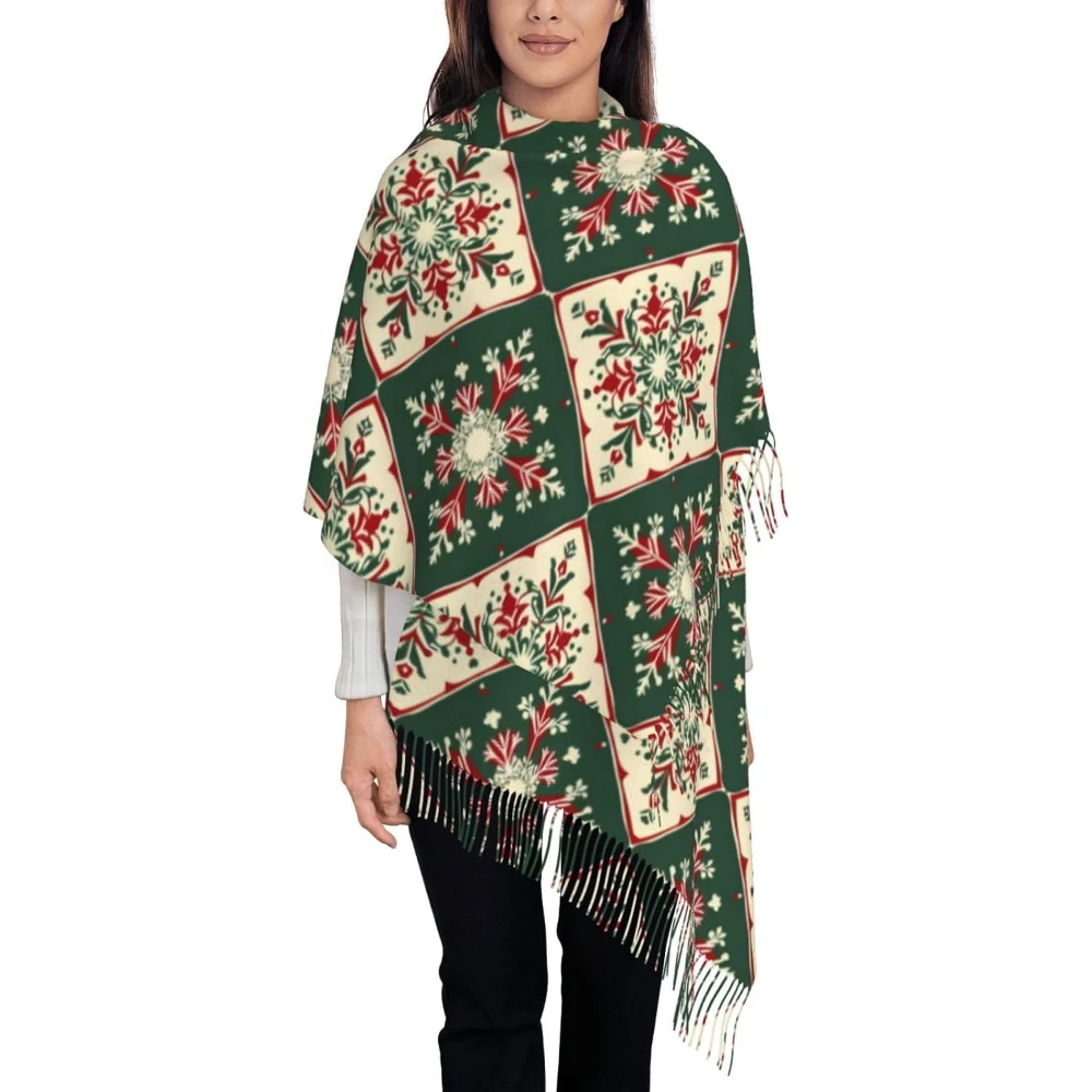 

Retro Flowers Plaid Green and White Chiristmas Scarf for Women Shawl Wraps Large Winter Warm Xmas Scarves with Tassels