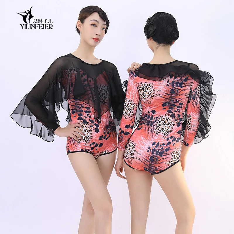 

1pcs/lot woman ballroom dancing leotard lady mesh patchwork print leotard waltz training top