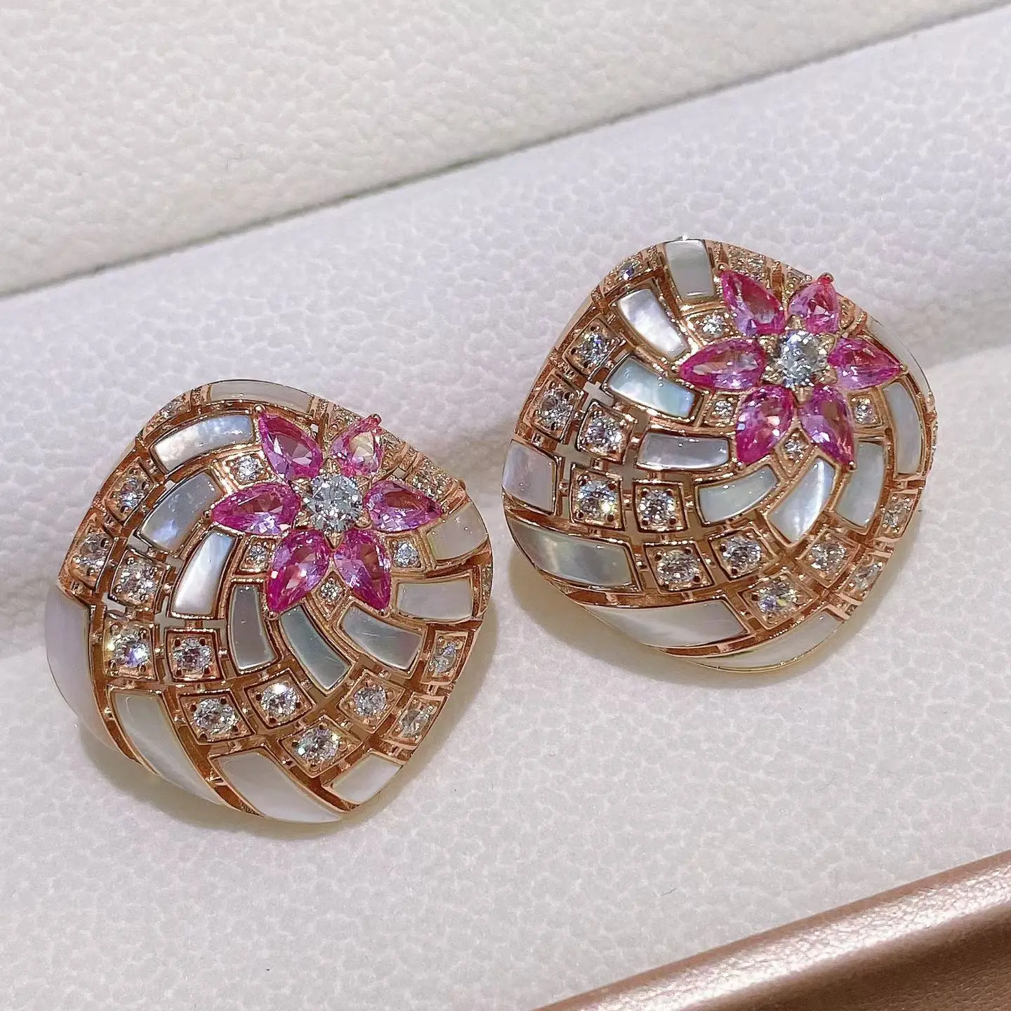 KQDANCE New  Zircon Natural Mother of Pearl Gem Stone Pink Flower Square Shaped Earrings 925 Silver Luxury Jewelry For Women New