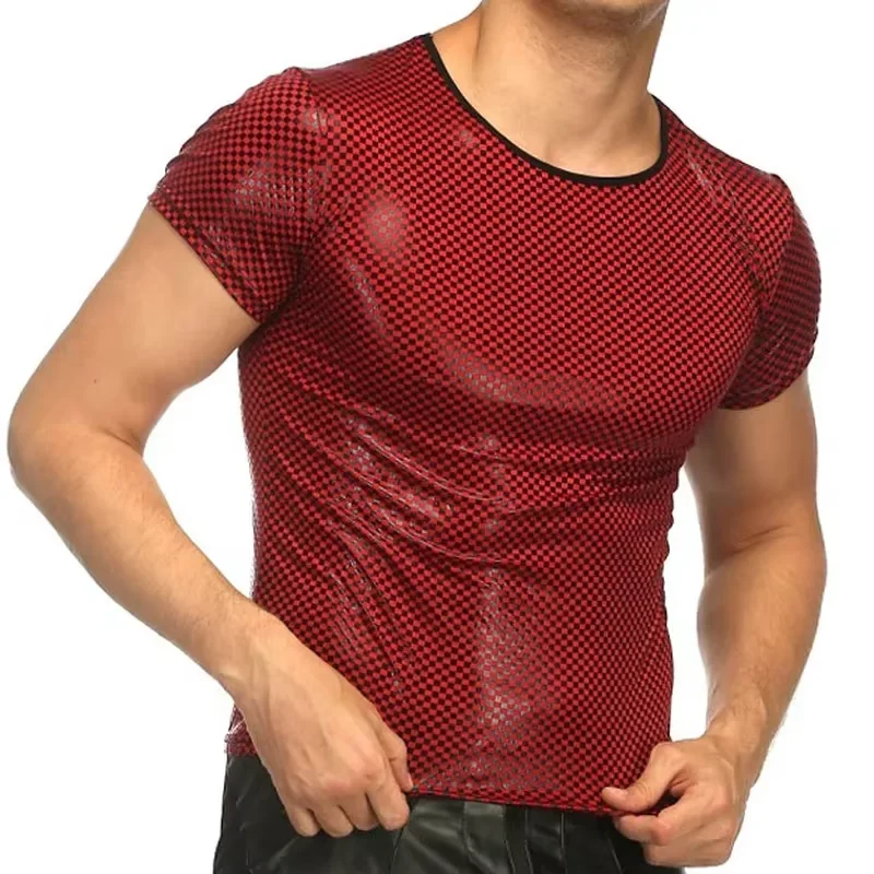 Sexy Red Glossy Skinny T-Shirt for Men Quality Club Wear O-Neck Short Sleeve Slim Fit Plaid Leather Pullover Top for Male