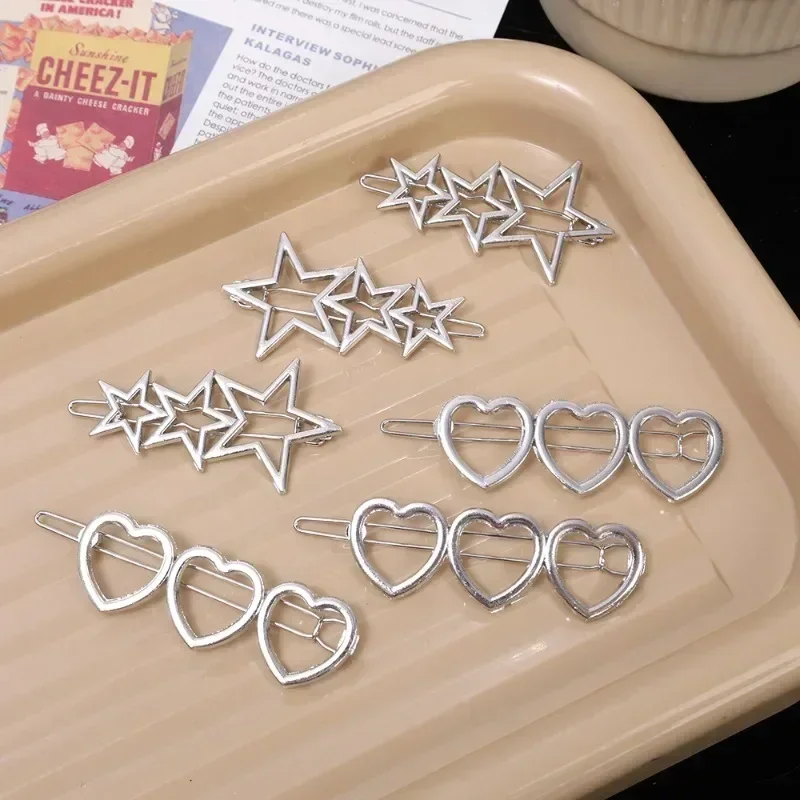 Y2K Hollow Heart Star Metal Hair Clip Sweet Girls Silver Color Love Pentagram Hairpins Fashion Geometric Hair Accessories Gifts