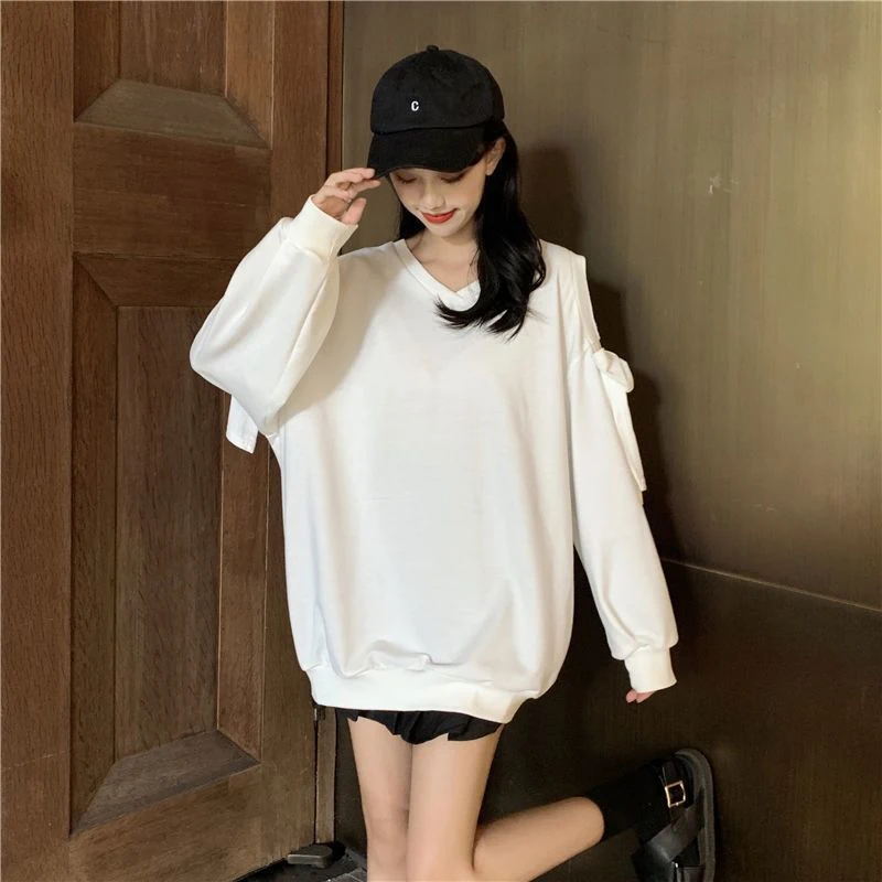 Chic Fashion Bow Off Shoulder Pullover White Sweet Cute New Loose Tops Korean All Match Ins V Neck Long Sleeve Jumpers Female