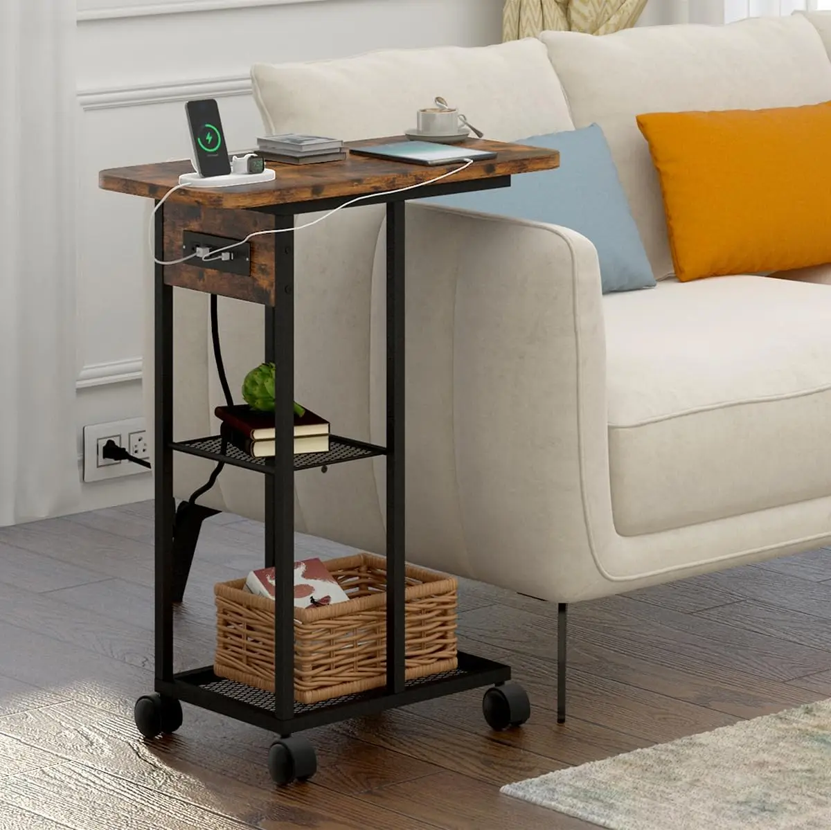 Small Side Table with Charging Station,Industrial Tall Nightstand with 3-Tier Storage Shelf, Wheels, Outlets and USB Port