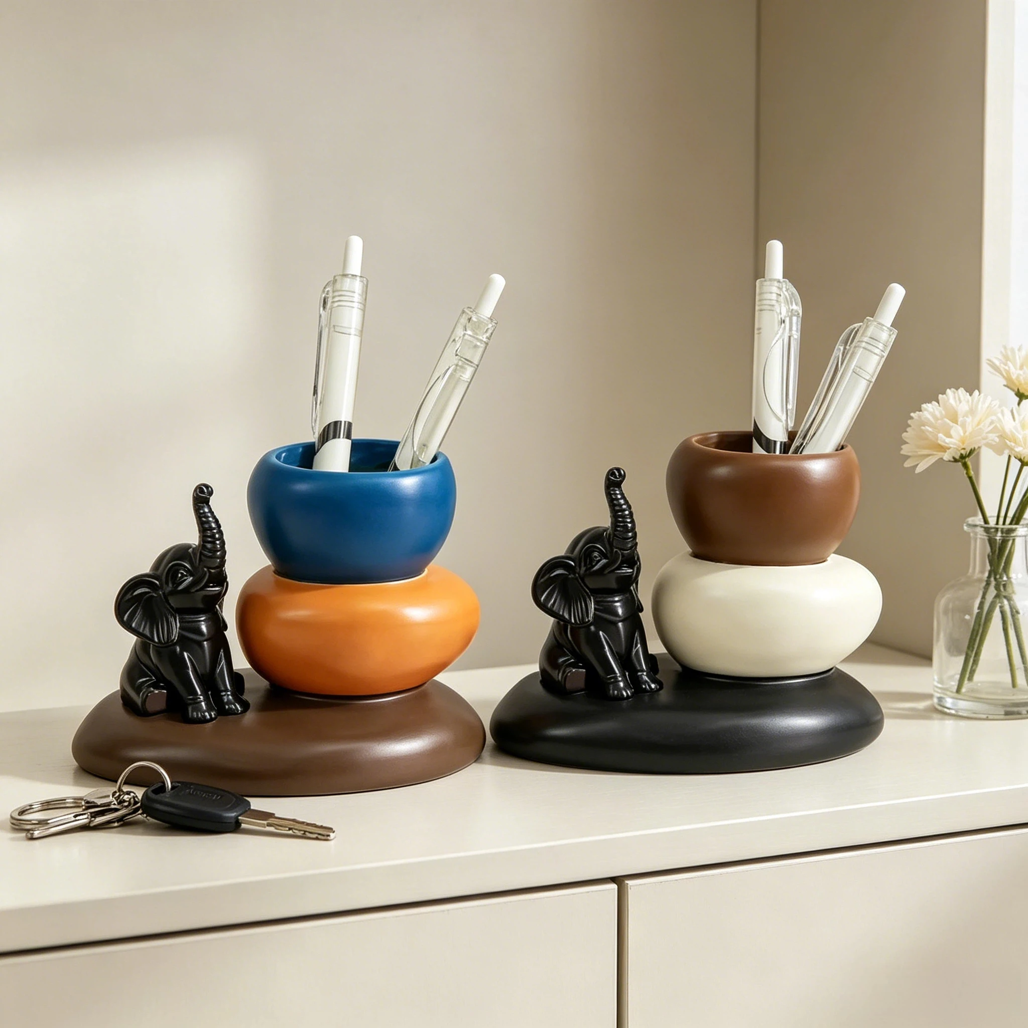 Color-Contrasting Pebble-Shaped Elephant Pen Holder Dual-Purpose Decorative Piece, Personal Office Desk Organizer for Tidying up Clutter, Side Decoration for Tea Room and Tea Table, Boutique Store Counter Display Decoration, Symbolizing Smooth Success in All Matters and Career Growth, a Meaningful Congratulatory Gift for New Employees, Home Countertop Decoration to Enhance the Ambiance, High-Quality Decorative Item