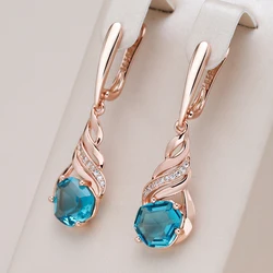 Kinel  Shiny Blue Stone Long Drop Earrings for Women Unique Design Natural Zircon 585 Rose Gold Color Vintage Wedding Jewelry