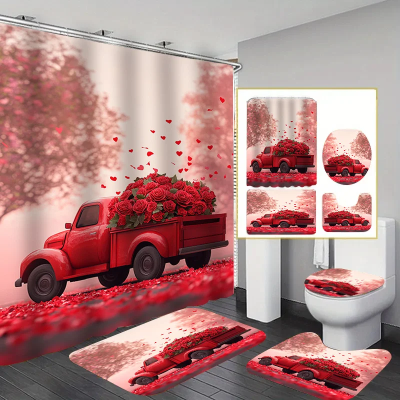 

4pcs Rose Truck Print Shower Curtain Set, Decorative Bathroom Set Includes Printed Shower Curtain, Non-Slip Floor Mat, Toilet