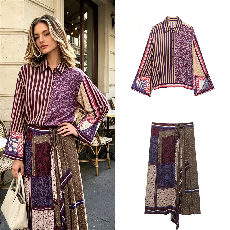 Guobioziy Women's Shirt 2026 Early Autumn New Fashionable Versatile Patchwork Printed Shirt Irregular Half-Skirt Mesh Dress