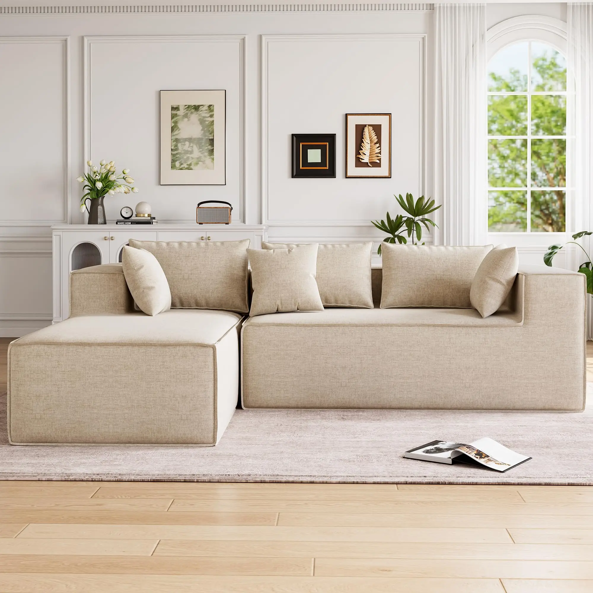 Modular Sectional Couches for Living Room Modern Chenille Upholstered l Shaped Couch with 6 Pillows  High Density Foam Corner Sofa for Bedroom  No Assembly Required