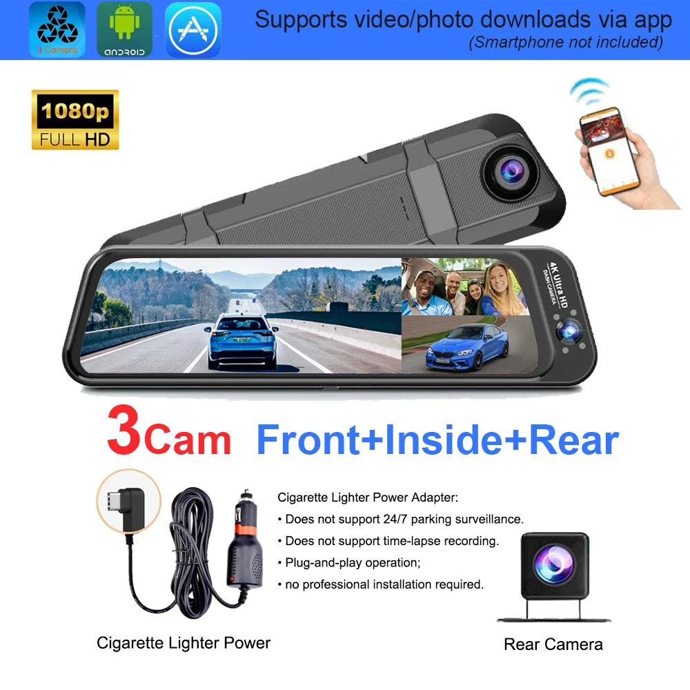 4K 3CH Dashcam Fisheye Groothoek Streaming 24H Parkingmodus APP-besturing Nachtzicht Bewegingsdetectie G-sensor Loop Recording Auto DVR