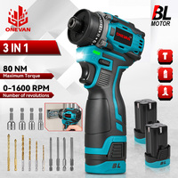 ONEVAN 3 IN 1 Brushless Electric Drill Screwdriver 80NM 1600 RPM Cordless Impact Drill Electric Screwdriver For Lithium Battery