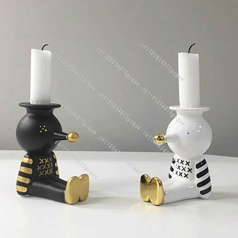 Nordic Minimalist Ceramic Puppet Candle Holder for Living Room Bedroom Tabletop, 24K Gold-Plated