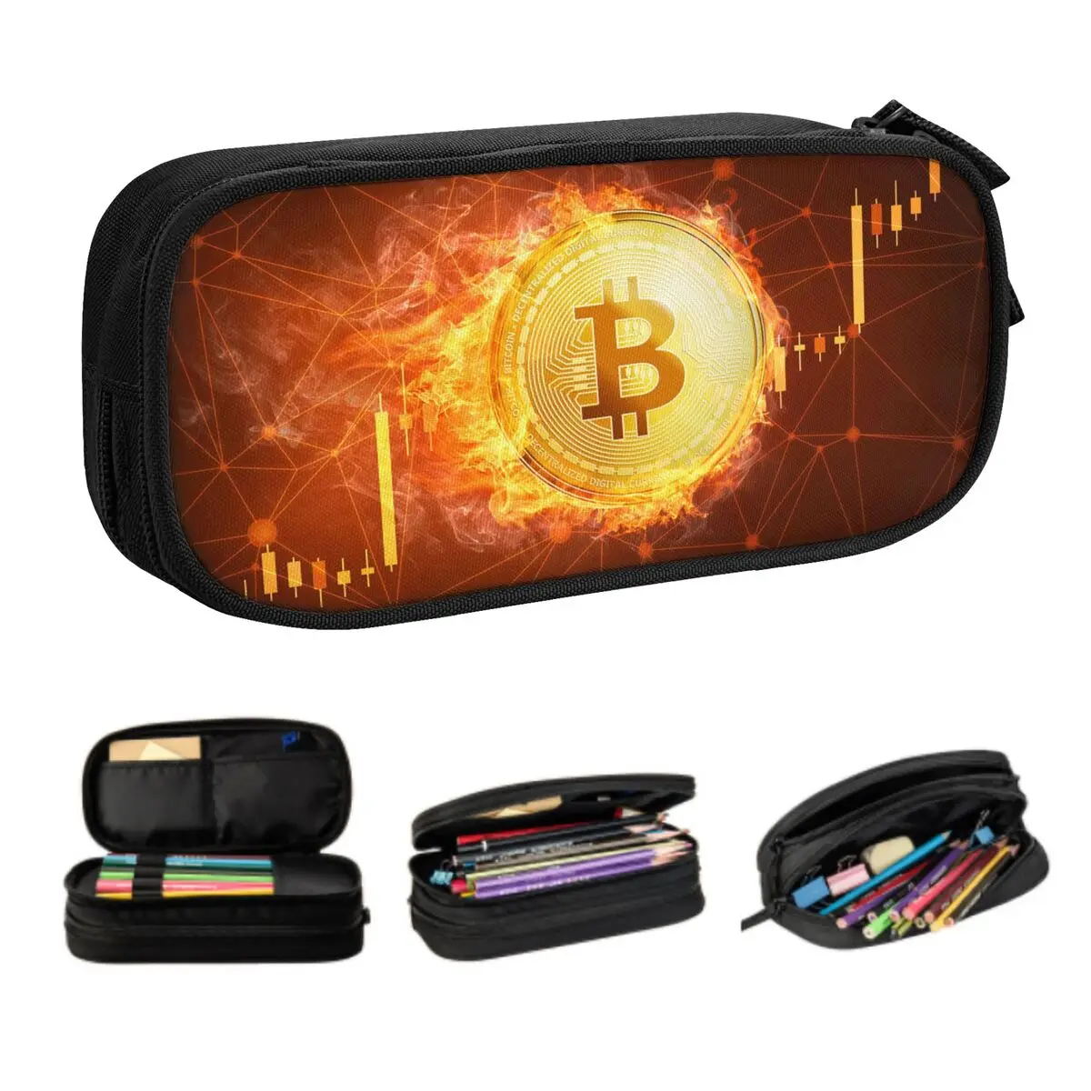 Custom Cute Bitcoin Coin Pencil Cases for Girls Boys Btc Crypto Currency Large Storage Pen Box Bag School Accessories