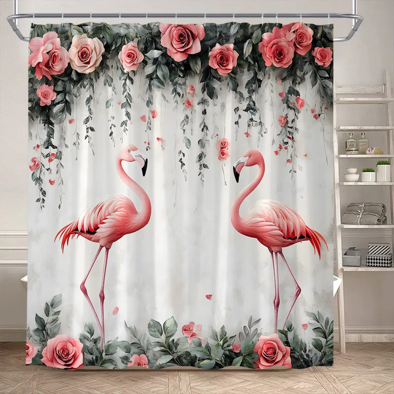 Shower Curtain, Tropical Flamingo Jungle Waterproof Polyester Bathroom Curtain with Hooks, Palm Tree Lotus Flower Decor Bath Cur