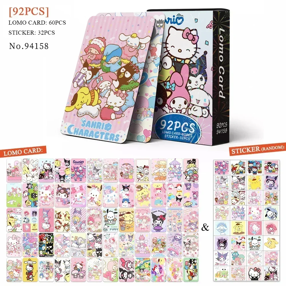 New Hello Kitty 92PCS Anime Cards Melody Anime Peripheral LOMO Card Sticker Set Kuromi HD Color Printing Deck Box Kids Toys Gift