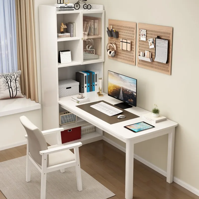 #@Solid Wood Corner Desk Bookshelf Combo Integrated Bookcase Modern Minimalist Bedroom  Desk Home Computer Desk Chair FJX9000