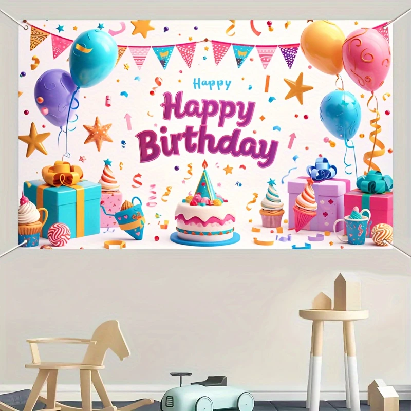 Colorful Large Happy Birthday Banner - Indoor/Outdoor Party Decoration with Birthday Theme featuring Balloons, Cakes, and Gifts