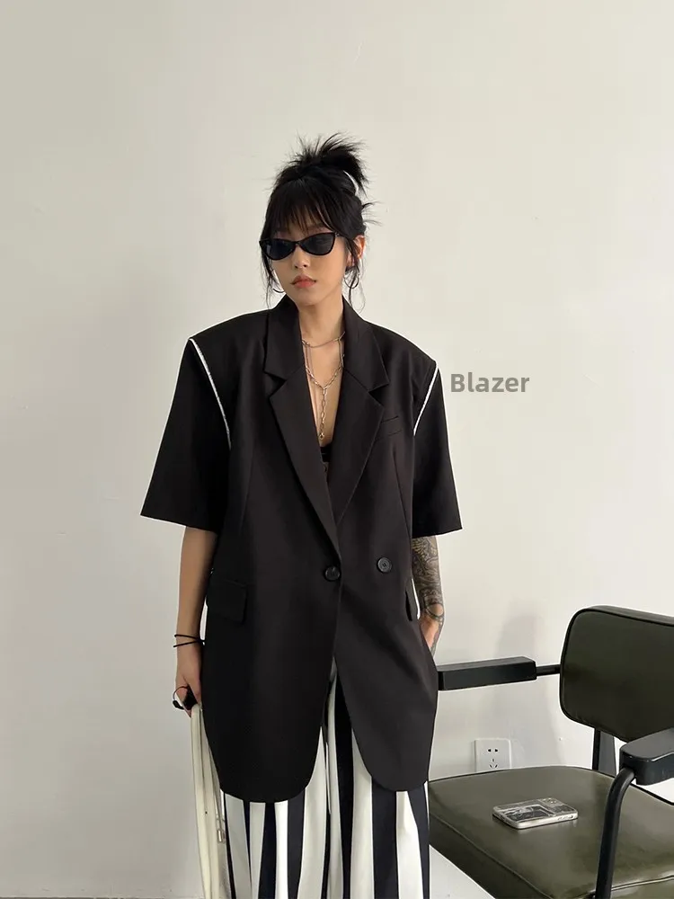 

Bla Loose oulder Pad Suit Top Women's Summer Faion Korean Sle Simple Design Air Conditioning Polyester Material