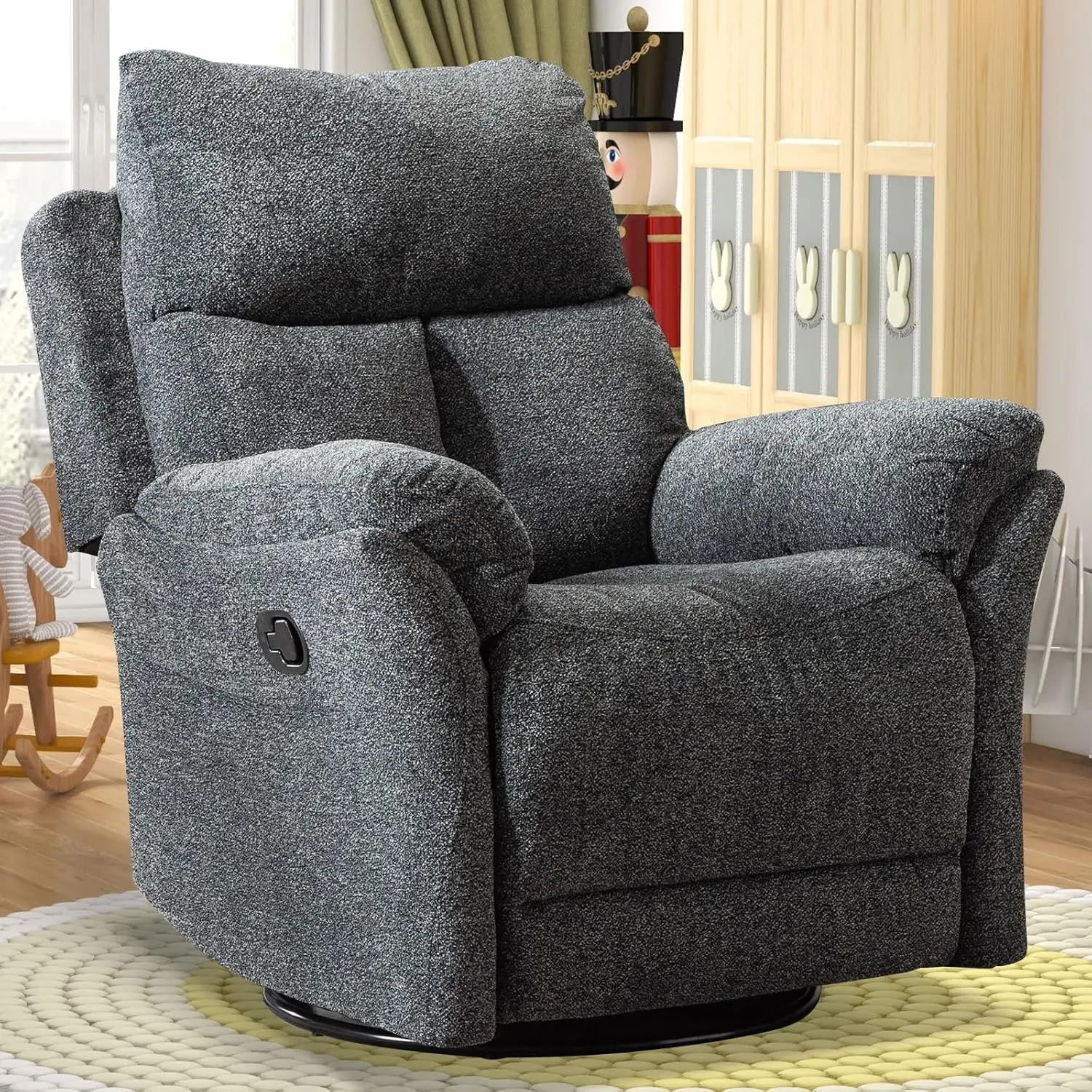 Swivel Rocker Recliner, Manual Nursery Chair Gray Rocking Seating for Living Room & Bedroom 360° Swivel, Customized