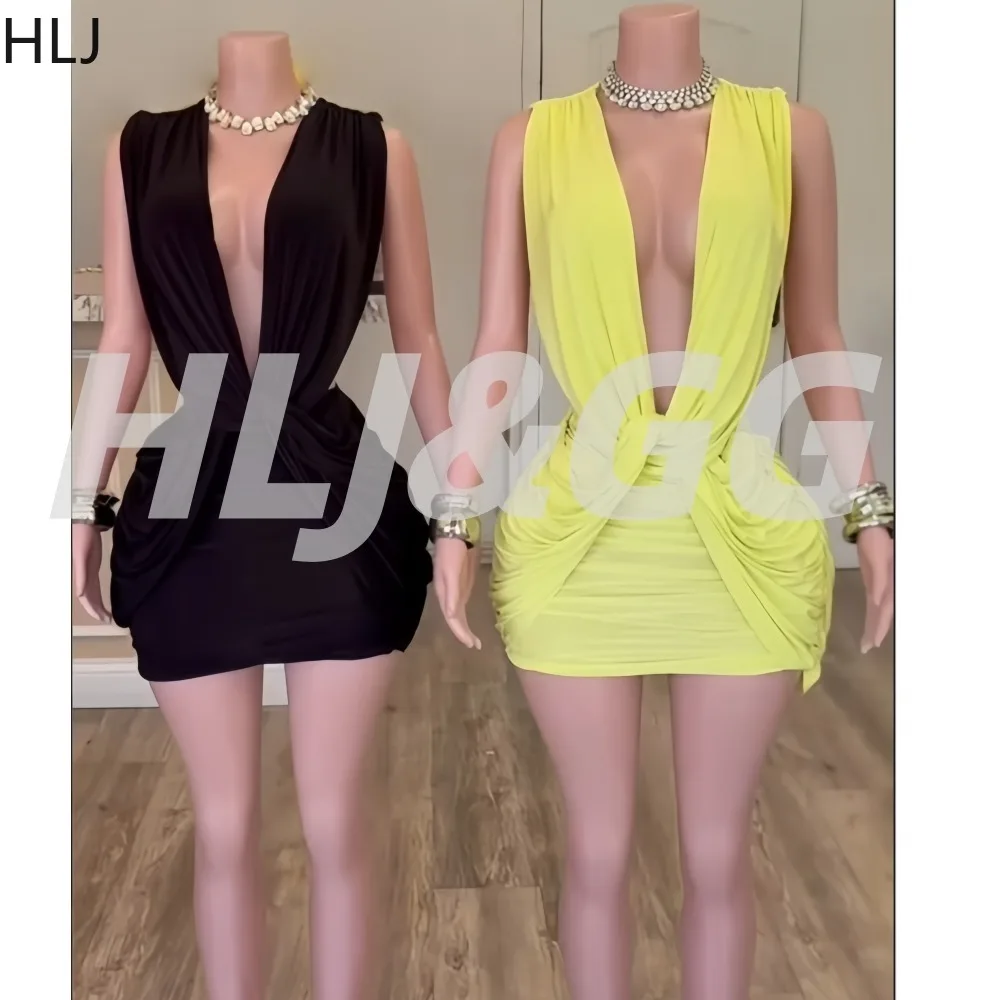 

HLJ Elegant Ruched Patchwork Bodycon Mini Dress for Women Deep V Neck Sleeveless Backless Dresses Female Streetwear Vestidos