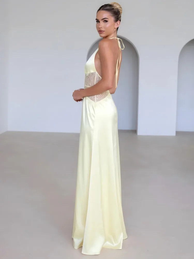 Arctic Cat Elegantแขวนคอซาตินลูกไม้Patchworkชุดผู้หญิงเซ็กซี่ลึกV Backless Bodycon Partyชุดราตรี 2025 ฤดูร้อน