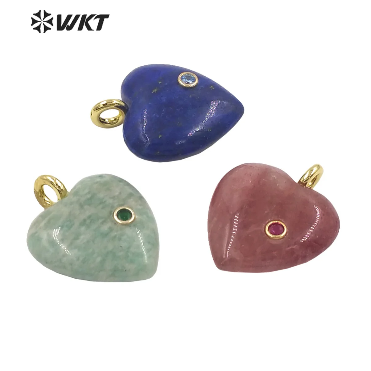 WT-P2028 Heartshape Colored Gemstone With Zircon Paved Pendants Lapics Pink Crystal Stone Accessory Making