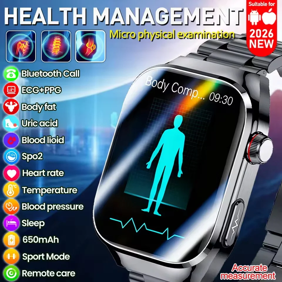 2026 New Nursing Grade Uric Acid Blood Lipids Smart Watch Men ECG+PPG Blood Pressure Heart Rate Bluetooth Call Health Smartwatch